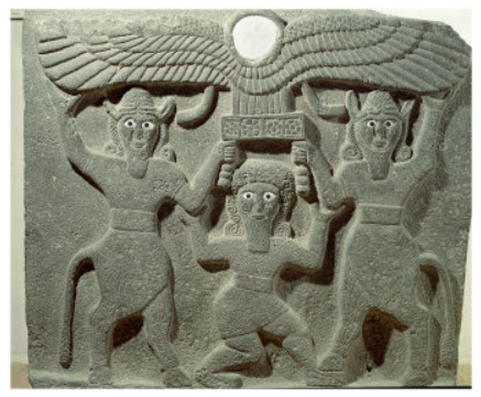 Gilgamesh entre dos hombres-toros sostieniendo un sol alado