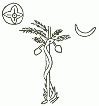 Imagen descubierta en Mesopotamia que remite fuertemente al relato bíblico: una serpiente enroscada en un árbol, señalando su fruto. Publicada por Langdon en su libro Semitic Mythology.