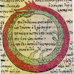 Drawing by Theodoros Pelecanos, in alchemical tract titled Synosius (1478) (Ouroboros serpent in old Greek alchemical manuscript)3