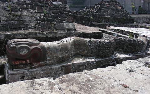 Serpiente en las ruinas del Templo Mayor Azteca de Tenochtitlán