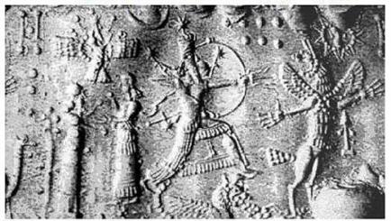 Clay cylinder depicting Marduk fighting a kerub-like (Dragon) being under the Pleiades