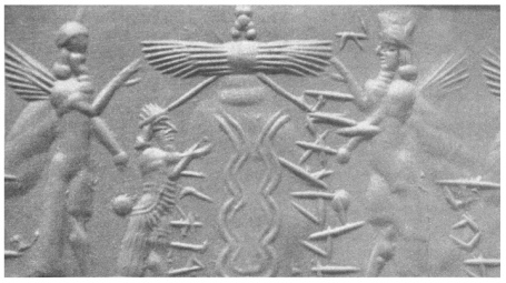 Sello de rodillo de los sumerios con dioses y una hélice