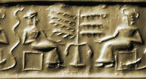 Impresión de sello cilíndrico - El Arbol, la serpiente y 2 personas (s. XXII BC)