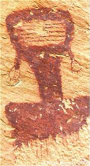 This figure has unusual horizontal lines on its face. Interesting is that the artist only drew the shoulders and part of the chest, not finishing the rest of the torso. Based on the earrings or hair-bobs I would think this a Fremont figure, but if Barrier Canyon Style it is unique.