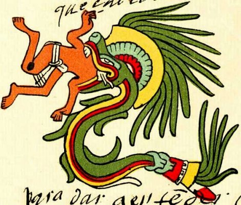 Quetzalcoatl depicted as a snake devouring a man, from the Codex Telleriano-Remensis (2)